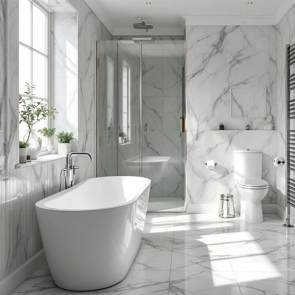 Spa-like master bath featuring frameless glass shower and floating vanity