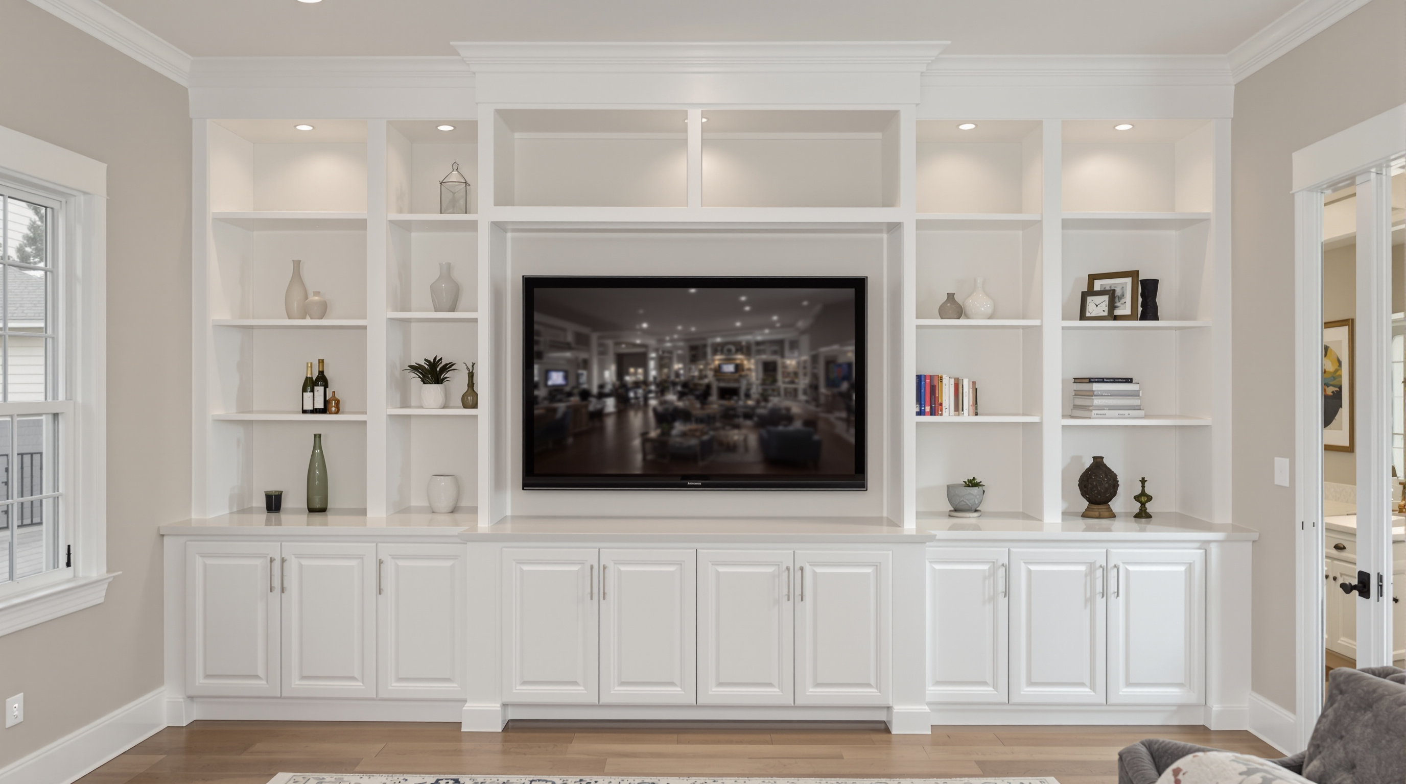 Contemporary white kitchen remodel with waterfall island and stainless appliances